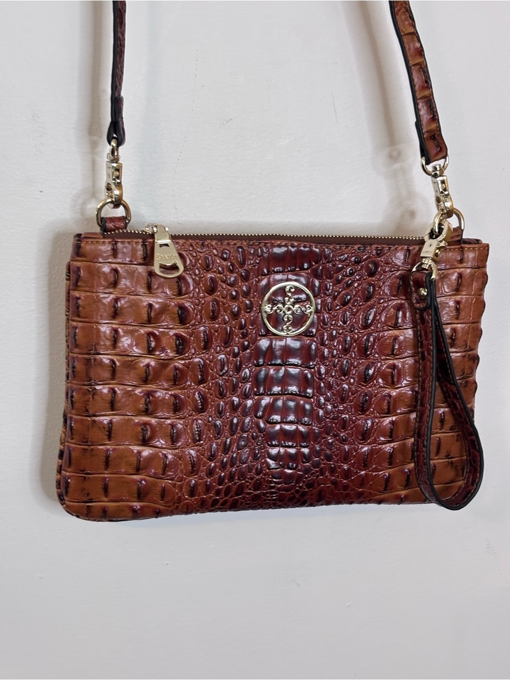 Stauer Sloane Brown Faux Croc-Embossed Leather Shoulder Bag with Wristlet